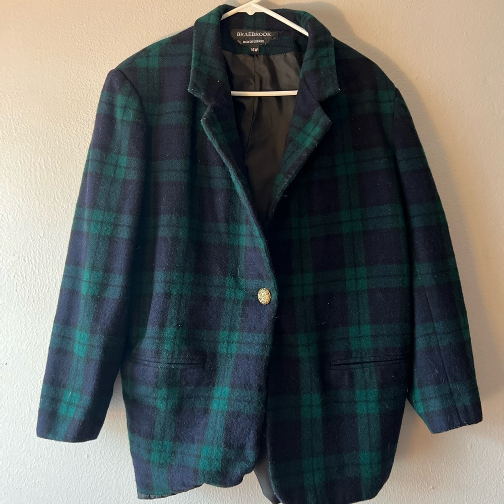 vintage 100% wool green & blue plaid blazer / suit jacket braebrook SZ 1…